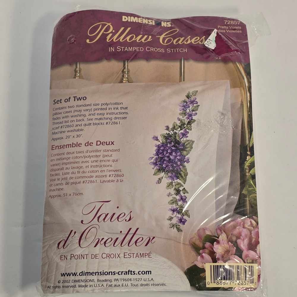 Dimensions Pretty Violets Stamped Cross Stitch Pillowcases Set 2 Vintage 72857